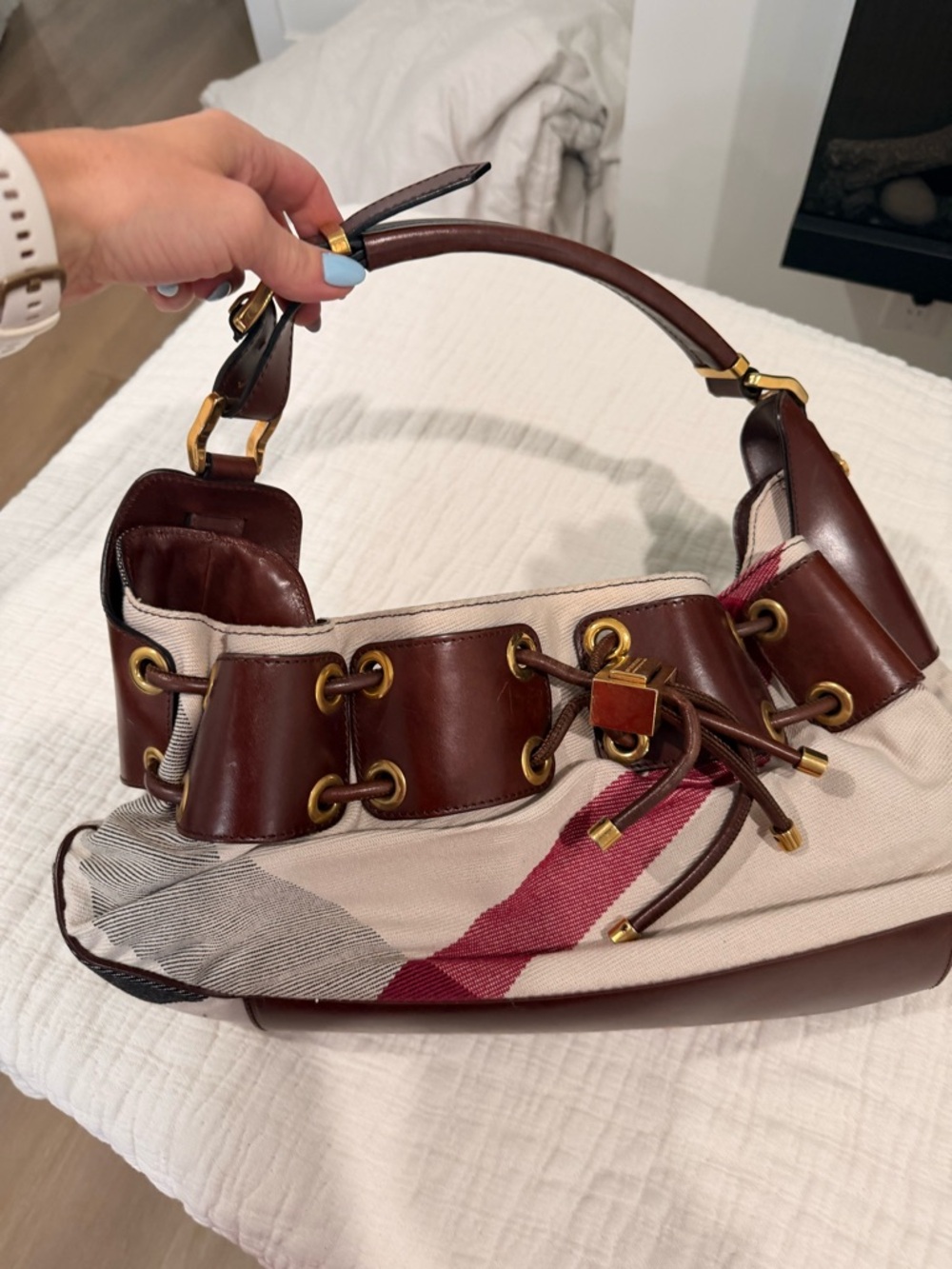 Burberry Beige Canvas Shoulder Bag with Brown Leather & Red Stripe